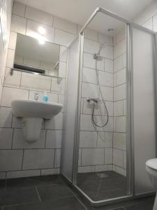 łazienka z prysznicem i umywalką w obiekcie Trenta Apartman Bükfürdő w mieście Bük +14 zdjęć