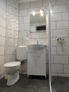łazienka z toaletą i umywalką w obiekcie Trenta Apartman Bükfürdő w mieście Bük