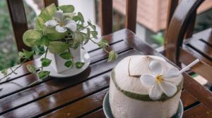 Ban's Avenue Guesthouse في كو تاو: وجود قبعة على طاولة خشبية بها نبات