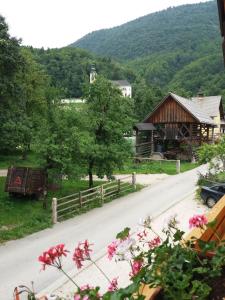 a road leading to a barn and a house at Apartma Momo in Bohinj