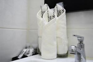 a roll of paper towels sitting on top of a sink at Serapi Hotel in Kuching