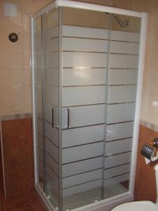 a shower stall with glass doors in a bathroom at Casa Fuente el vache in Campomanes