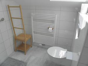 a white bathroom with a toilet and a ladder at Island View Apartment in Bled
