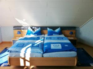 a bedroom with a bed with blue pillows at Ferienwohnung Blau in Schweigen-Rechtenbach