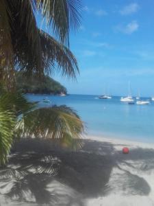 a view of a beach with boats in the water at La Villa Jasmin in Les Anses-dʼArlets