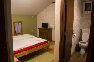 a small bedroom with a bed and a toilet at Pensiunea Gerendás Vendégház in Vlăhiţa