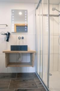 uma casa de banho com um lavatório e um chuveiro em Chalet Holzerstubn em Ehrwald