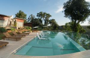 a swimming pool with chaise lounge chairs around it at Tupa Lodge in Puerto Iguazú