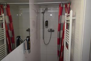 La salle de bains est pourvue d'une douche et de rideaux rouges et blancs. dans l'établissement AB Apartment Objekt 27, à Stuttgart