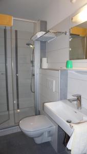 a bathroom with a toilet and a sink and a shower at Gästehaus Hubertus in Malta