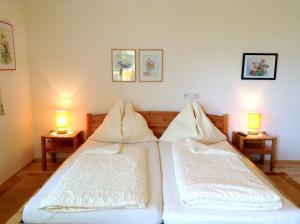 two beds in a room with two lamps on tables at Haus Margit in Schlierbach