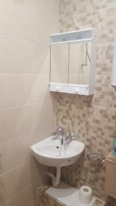 ein Bad mit einem Waschbecken und einem Spiegel in der Unterkunft Retro apartment in Malko Tŭrnovo