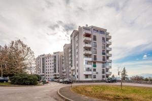 een hoog wit gebouw in een stadsstraat met auto's bij Apartment Infinity in Rijeka