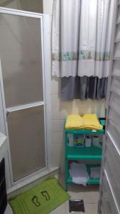 a bathroom with a shower and a green rug at Flat Botafogo in Rio de Janeiro