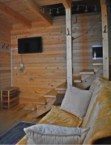 a living room with a couch in a wooden wall at Mountain Lodge Mont Peace in Kolašin