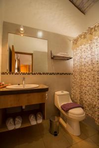 a bathroom with a sink and a toilet and a mirror at Hotel El Molino in Santa Cruz