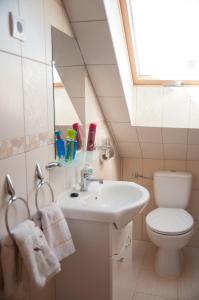 ヘーヴィーズにあるDeluxe Apartmentsのバスルーム(洗面台、トイレ、鏡付)