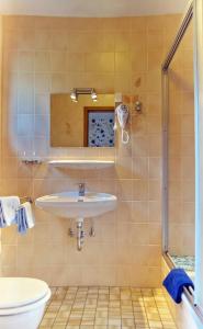 a bathroom with a sink and a shower and a toilet at Gasthof Schumacher Hotel garni in Freudenberg