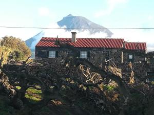 an old stone house with a mountain in the background at A Casa da Formosinha in Madalena