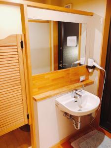 bagno con lavandino e specchio di Auberge Mermaid a Fujikawaguchiko