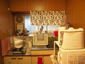 a kitchen with a counter top with a sink and a microwave at Tirol in Yakushima
