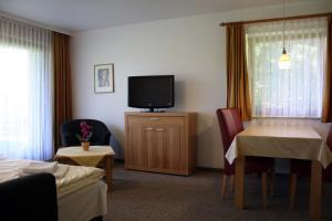 a hotel room with a television and a table and chairs at Chiemgau Appartements in Inzell