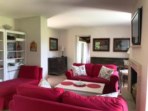 uma sala de estar com um sofá vermelho e uma lareira em La casa rossa sull'arco romano em Otricoli