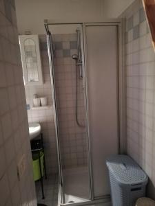 a shower with a glass door in a bathroom at Casetta next to the Creek Dino Buzzati in Belluno +76 photos