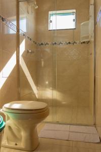 a bathroom with a toilet and a shower at Pouso Oliveira Suítes in São João Batista do Glória