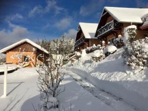 a house covered in snow next to a house at Apartments Lipno Serafin in Lipno nad Vltavou