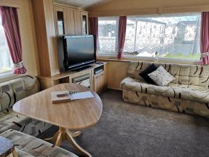 スケッグネスにある8 Berth Caravan Northshore Skegness Rioのリビングルーム(テーブル、テレビ付)