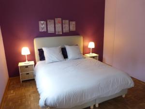 Un dormitorio con una gran cama blanca con dos lámparas. en La Vergne, en Saint-Martin-des-Combes 12 fotos más