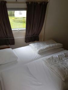 Chaam的住宿－Iglo Bungalow 18，一间卧室设有两张床和窗户。
