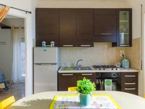 kuchnia z brązowymi szafkami i stołem z rośliną w obiekcie Loft Vista Mare Elba w mieście Portoferraio +29 zdjęć