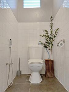 a bathroom with a toilet and a potted plant at The Hidden Gems in Pantai Cenang