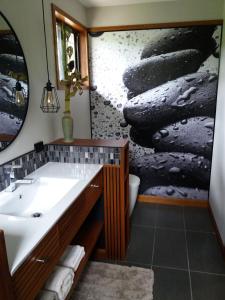 a bathroom with a sink and a large mirror at Forest Lodge: Little Villa in Agnes Water