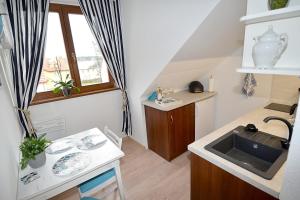 eine kleine Küche mit Spüle und Fenster in der Unterkunft Apartament MORSKA PRZYSTAŃ in Ustka + 20 Fotos