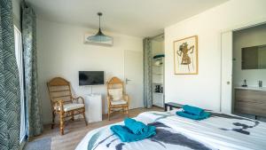 1 dormitorio con 2 almohadas azules en una cama en Les Terrasses de Cascavelle, en Blauvac