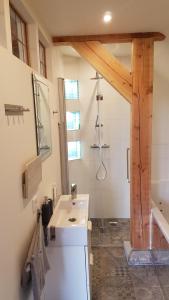 een badkamer met een douche en een witte wastafel bij Casaprisco in Putten