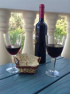two glasses of red wine and a basket of cheese at CasaDuarte "Balcony" (2 bedroom Apt.) in Lagos