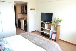 1 dormitorio con 1 cama y TV. en Nothofagus Apartments en San Carlos de Bariloche