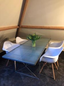 a glass table with two white chairs and a plant on it at Apartment in Romantic Villa in Bilthoven