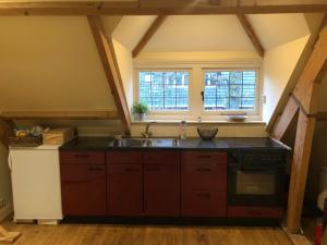 a kitchen with a sink and two windows at Apartment in Romantic Villa in Bilthoven