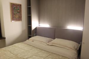 - un lit dans une chambre avec 2 oreillers dans l'établissement Grazioso monolocale a pochi passi dal centro cittadino, à Chiesa in Valmalenco