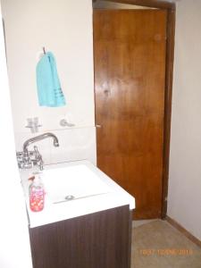 Un baño con lavabo y puerta de madera. en Cabana Mirador Sumajpacha, en Tilcara
