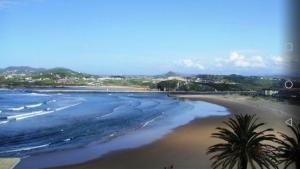 vistas a una playa con palmeras y al océano en El Balcón de Luán, en Suances