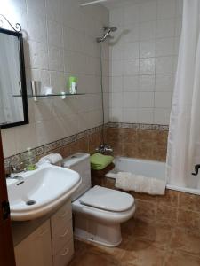 łazienka z toaletą, umywalką i wanną w obiekcie Apartament de la Lali Roní w mieście Roní