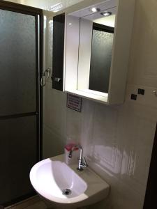 a bathroom with a sink and a mirror at Departamentos El Chileno in Puerto Iguazú +15 photos