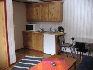 una pequeña cocina con fregadero y microondas en Seljestad Cottages, en Skare