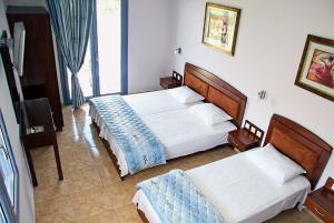 ein Hotelzimmer mit 2 Betten und einem TV in der Unterkunft Enalion in Olympiakí Aktí